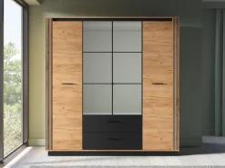 Zestawy Mebli Do Sypialni|Szafy Młodzieżowe>ML Meble Szafa czterodrzwiowa 200 cm z lustrem dąb craft złoty czarny z szufladami i drążkiem