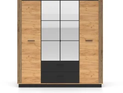 Zestawy Mebli Do Sypialni|Szafy Młodzieżowe></noscript>ML Meble Szafa czterodrzwiowa 200 cm z lustrem dąb craft złoty czarny z szufladami i drążkiem