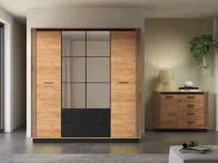 Zestawy Mebli Do Sypialni|Szafy Młodzieżowe></noscript>ML Meble Szafa czterodrzwiowa 200 cm z lustrem dąb craft złoty czarny z szufladami i drążkiem