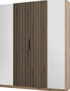 Szafy Młodzieżowe|Szafy Otwierane>Lempert Szafa czterodrzwiowa z lamelami i lustrem 200 cm KARAT dąb evoke