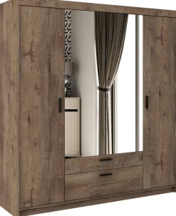 Garderoby|Meble Młodzieżowe></noscript>Lempert Szafa czterodrzwiowa z nadstawką z lustrami KUBA dąb lefkas