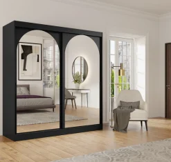 Szafy Dwudrzwiowe|Szafy Młodzieżowe></noscript>JUREK Szafa do sypialni 200 cm duża czarna drzwi przesuwne lustra czarne uchwyty MORIN czarny