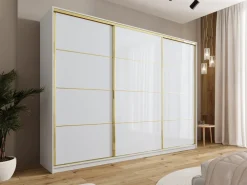 Zestawy Mebli Do Przedpokoju|Szafy Trzydrzwiowe></noscript>BROMARKT Szafa garderoba przesuwna 280 cm GOLD NEW połysk biały połysk