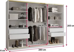 Zestawy Mebli Do Przedpokoju|Szafy Trzydrzwiowe></noscript>BROMARKT Szafa garderoba przesuwna 280 cm GOLD NEW połysk biały połysk