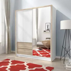 Szafy Z Lustrem|Szafy Przesuwne></noscript>PIASKI Szafa lustrem biały dąb sonoma MALTA