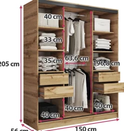 Zestawy Mebli Do Przedpokoju|Szafy Trzydrzwiowe></noscript>BROMARKT Szafa na ubrania 150 cm LOFT dąb wotan