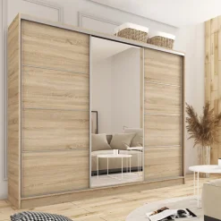 Zestawy Mebli Do Przedpokoju|Szafy Trzydrzwiowe></noscript>BROMARKT Szafa przesuwna 280 cm z lustrem TOP dąb sonoma