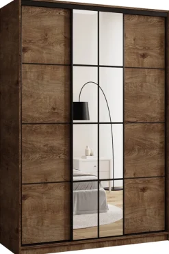 Szafy Trzydrzwiowe|Szafy Do Przedpokoju>BROMARKT Szafa przesuwna 150 cm do sypialni z lustrem i półkami EDGE dąb lefkas
