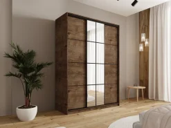 Szafy Trzydrzwiowe|Szafy Do Przedpokoju></noscript>BROMARKT Szafa przesuwna 150 cm do sypialni z lustrem i półkami EDGE dąb lefkas