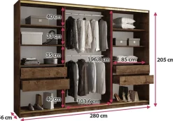 Szafy Trzydrzwiowe|Szafy Do Przedpokoju></noscript>BROMARKT Szafa przesuwna 280 cm do sypialni z szufladami GOLD NEW dąb lefkas