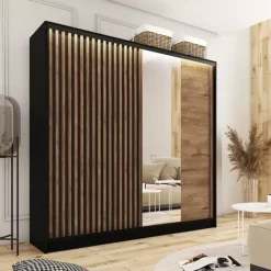 Szafy Trzydrzwiowe|Szafy Do Przedpokoju></noscript>BROMARKT Szafa przesuwna 200 cm do sypialni z lustrem LAMEL 3D