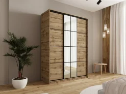 Szafy Trzydrzwiowe|Szafy Do Przedpokoju></noscript>BROMARKT Szafa przesuwna 150 cm z lustrem i szufladami EDGE dąb wotan