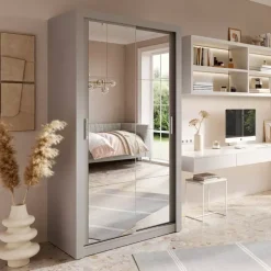 Zestawy Mebli Do Sypialni|Szafy Dwudrzwiowe></noscript>lenart. Szafa przesuwna 120 cm z lustrem szara półki drążki ARTI szary