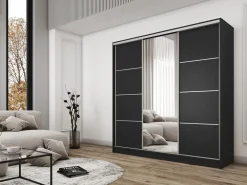 Zestawy Mebli Do Przedpokoju|Szafy Trzydrzwiowe></noscript>BROMARKT Szafa przesuwna do sypialni 250 cm z lustrem i półkami BEST czarny