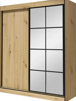 Szafy Z Lustrem|Szafy Przesuwne>JUREK Szafa przesuwna na ubrania z półkami i drążkiem nowoczesna 180 cm OLAS dąb artisan