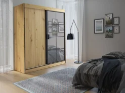 Szafy Z Lustrem|Szafy Przesuwne>JUREK Szafa przesuwna na ubrania z półkami i drążkiem nowoczesna 180 cm OLAS dąb artisan