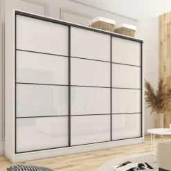 Zestawy Mebli Do Przedpokoju|Szafy Trzydrzwiowe></noscript>BROMARKT Szafa przesuwna na wysoki połysk 280 cm LOFT biały połysk