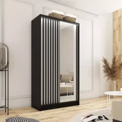 Zestawy Mebli Do Przedpokoju|Szafy Trzydrzwiowe></noscript>BROMARKT Szafa przesuwna z czarnymi lamelami 100 cm LAMEL 3D