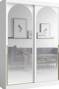 Meble Młodzieżowe|Zestawy Mebli Do Przedpokoju>JUREK Szafa przesuwna z dwoma lustrami biała 150 cm drzwi przesuwne złote uchwyty MORIN biały