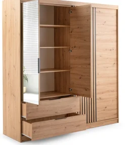 Szafy Otwierane|Szafy Z Lustrem>Stolar Szafa przesuwna z lamelami 203 cm szufladami lustrami dąb artisan MISTRAL