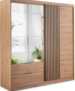 Szafy Otwierane|Szafy Z Lustrem></noscript>Stolar Szafa przesuwna z lamelami 203 cm szufladami lustrami dąb artisan MISTRAL
