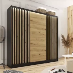 Zestawy Mebli Do Przedpokoju|Szafy Trzydrzwiowe></noscript>BROMARKT Szafa przesuwna z lamelami do sypialni LOFT 200 cm artisan