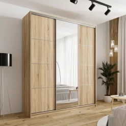 Szafy Trzydrzwiowe|Szafy Do Przedpokoju></noscript>BROMARKT Szafa przesuwna z lustrem 200 cm TOP MAX dąb sonoma