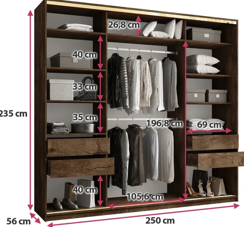 Szafy Trzydrzwiowe|Szafy Do Przedpokoju>BROMARKT Szafa przesuwna z lustrem 250 cm GOLD NEW MAX lefkas dąb lefkas