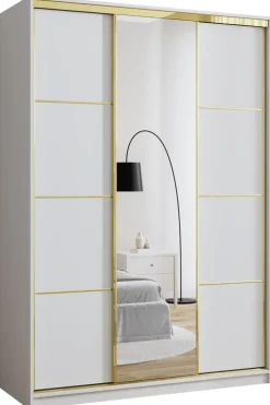 Zestawy Mebli Do Przedpokoju|Szafy Trzydrzwiowe>BROMARKT Szafa przesuwna z lustrem 150 cm GOLD NEW mat biały