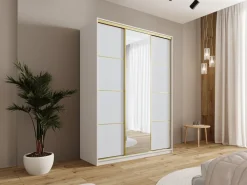 Zestawy Mebli Do Przedpokoju|Szafy Trzydrzwiowe></noscript>BROMARKT Szafa przesuwna z lustrem 150 cm GOLD NEW mat biały