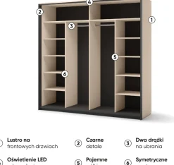 Zestawy Mebli Do Sypialni|Szafy Dwudrzwiowe></noscript>lenart. Szafa przesuwna z lustrem do sypialni 220 cm beżowa z oświetleniem ENNA