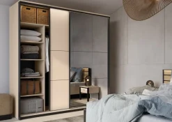 Zestawy Mebli Do Sypialni|Szafy Dwudrzwiowe></noscript>lenart. Szafa przesuwna z lustrem do sypialni 220 cm beżowa z oświetleniem ENNA