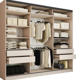 Zestawy Mebli Do Przedpokoju|Szafy Trzydrzwiowe>BROMARKT Szafa przesuwna z lustrem 280 cm z półkami LOFT MAX beż piaskowy