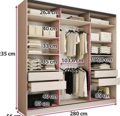 Zestawy Mebli Do Przedpokoju|Szafy Trzydrzwiowe></noscript>BROMARKT Szafa przesuwna z lustrem 280 cm z półkami LOFT MAX beż piaskowy