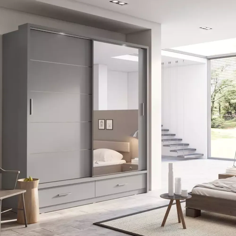 Zestawy Mebli Do Sypialni|Szafy Dwudrzwiowe>lenart. Szafa przesuwna z lustrem 200 cm szuflady półki ARTI szary