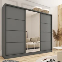 Zestawy Mebli Do Przedpokoju|Szafy Trzydrzwiowe></noscript>BROMARKT Szafa przesuwna z lustrem do sypialni 250 cm LOFT grafit
