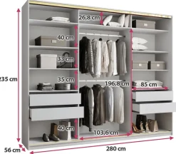 Zestawy Mebli Do Przedpokoju|Szafy Trzydrzwiowe></noscript>BROMARKT Szafa przesuwna z lustrem 280 cm GOLD NEW MAX biały