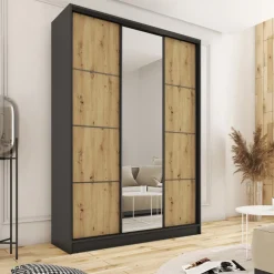 Zestawy Mebli Do Przedpokoju|Szafy Trzydrzwiowe></noscript>BROMARKT Szafa przesuwna z lustrem 150 cm LOFT MAX dąb artisan