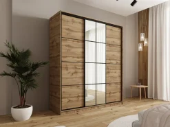 Zestawy Mebli Do Przedpokoju|Szafy Trzydrzwiowe></noscript>BROMARKT Szafa przesuwna z lustrem i szufladami 180 cm do sypialni EDGE dąb wotan