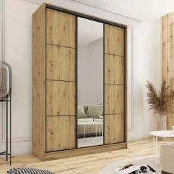 Zestawy Mebli Do Przedpokoju|Szafy Trzydrzwiowe></noscript>BROMARKT Szafa przesuwna z lustrem 150 cm LOFT MAX dąb artisan