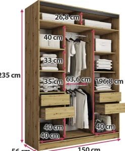 Zestawy Mebli Do Przedpokoju|Szafy Trzydrzwiowe></noscript>BROMARKT Szafa przesuwna z lustrem 150 cm LOFT MAX dąb artisan