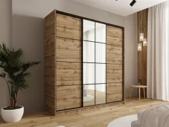 Zestawy Mebli Do Przedpokoju|Szafy Trzydrzwiowe></noscript>BROMARKT Szafa przesuwna z lustrem i półkami 200 cm do sypialni EDGE dąb wotan