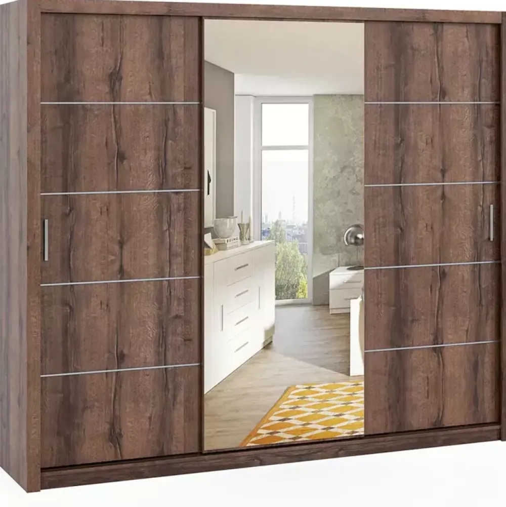 Zestawy Mebli Do Sypialni|Szafy Trzydrzwiowe>GiB Meble Szafa przesuwna z lustrem 250 cm BELLA dąb monastery