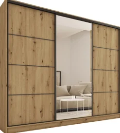 Zestawy Mebli Do Przedpokoju|Szafy Trzydrzwiowe>BROMARKT Szafa przesuwna z lustrem 250 cm LOFT MAX z półkami i drążkami dąb artisan