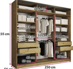 Zestawy Mebli Do Przedpokoju|Szafy Trzydrzwiowe></noscript>BROMARKT Szafa przesuwna z lustrem 250 cm LOFT MAX z półkami i drążkami dąb artisan