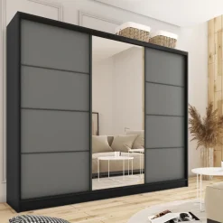 Zestawy Mebli Do Przedpokoju|Szafy Trzydrzwiowe></noscript>BROMARKT Szafa przesuwna z lustrem do sypialni 250 cm LOFT grafit