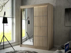 Zestawy Mebli Do Przedpokoju|Szafy Dwudrzwiowe></noscript>Arton Szafa przesuwna z lustrem i drążkiem 150 cm RABANA dąb sonoma