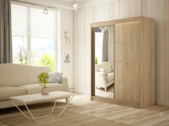 Zestawy Mebli Do Przedpokoju|Szafy Dwudrzwiowe></noscript>Arton Szafa przesuwna z lustrem i drążkiem 150 cm RABANA dąb sonoma