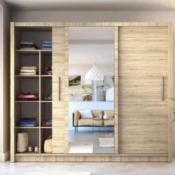 Meble Młodzieżowe|Szafy Trzydrzwiowe>MEBLOSIEK Szafa przesuwna z lustrem 247 cm trzydrzwiowa BALI dąb sonoma