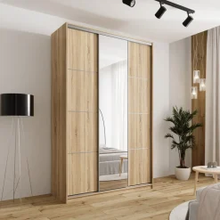 Zestawy Mebli Do Przedpokoju|Szafy Trzydrzwiowe></noscript>BROMARKT Szafa przesuwna z lustrem 150 cm TOP MAX dąb sonoma